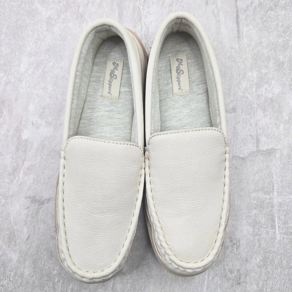 My Slippers Loafer Sz 10 Cream White Leather Slip On Comfort Slipper House Shoes